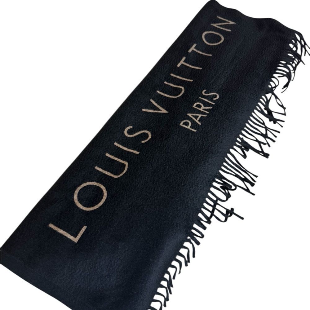 Louis Vuitton Black and Gold 100% Cashmere Large Logo Shawl Wrap Stole Auth